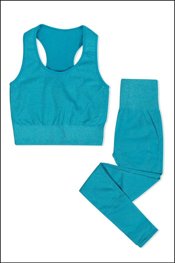 Blue Cotton Seamless Sports Bra with Cotton Slim Leggings Set