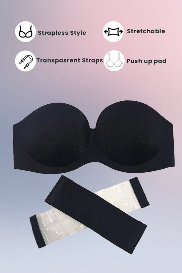 Black Pushup Strapless Bra with 2 pairs of Transparent and Adjustable Straps