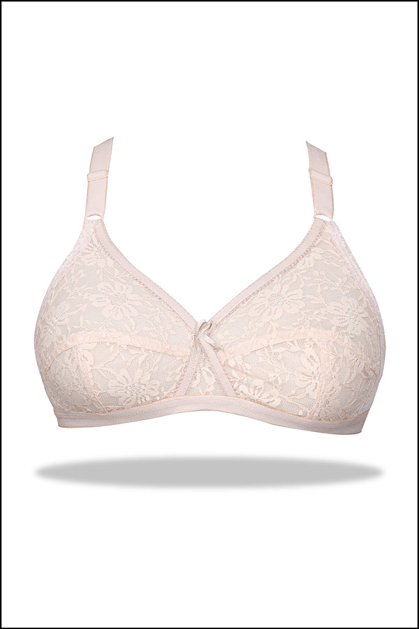 Beige Nettle - Knitted Cotton Non-Padded Wirefree Bra with Lace Touch