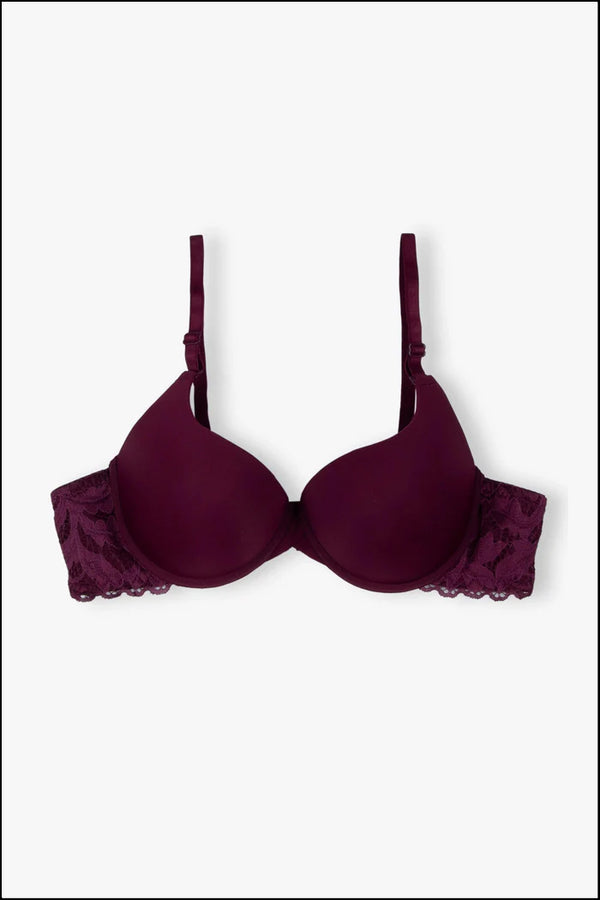 Maroon Round Cup T-Shirt Lacy Bra