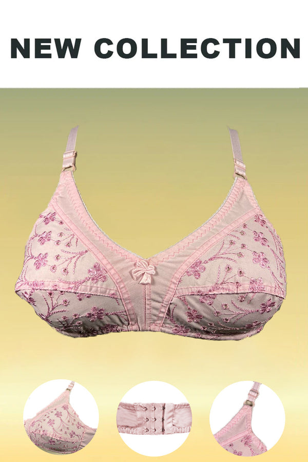 Pink Breatheable Cotton Bra with Full Cup Embroidery