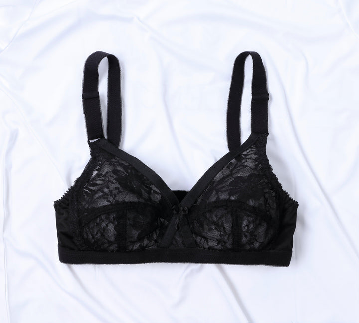 Black Nylon Cross Non Padded Lacy Bra - Espicopink