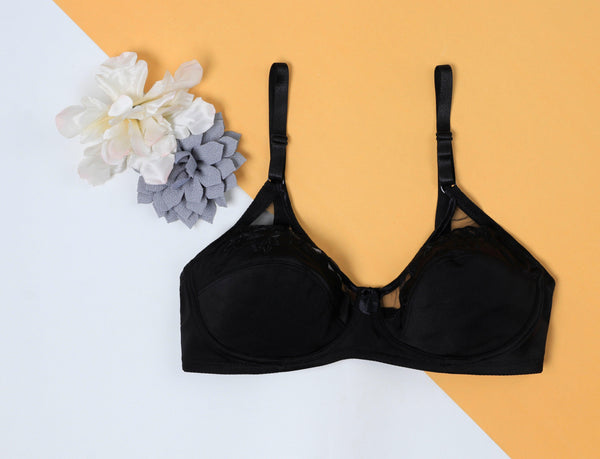 Black Saffron - Non Padded Embroidered Mesh Bra - Espicopink